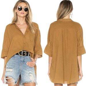 Free People Button Down Shirt in Mustard Brown